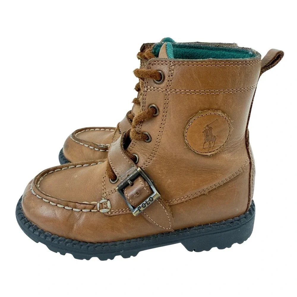 Polo Ralph Lauren Kids Tan Leather Ranger Hi Lace Up Buckle Boots Size 10